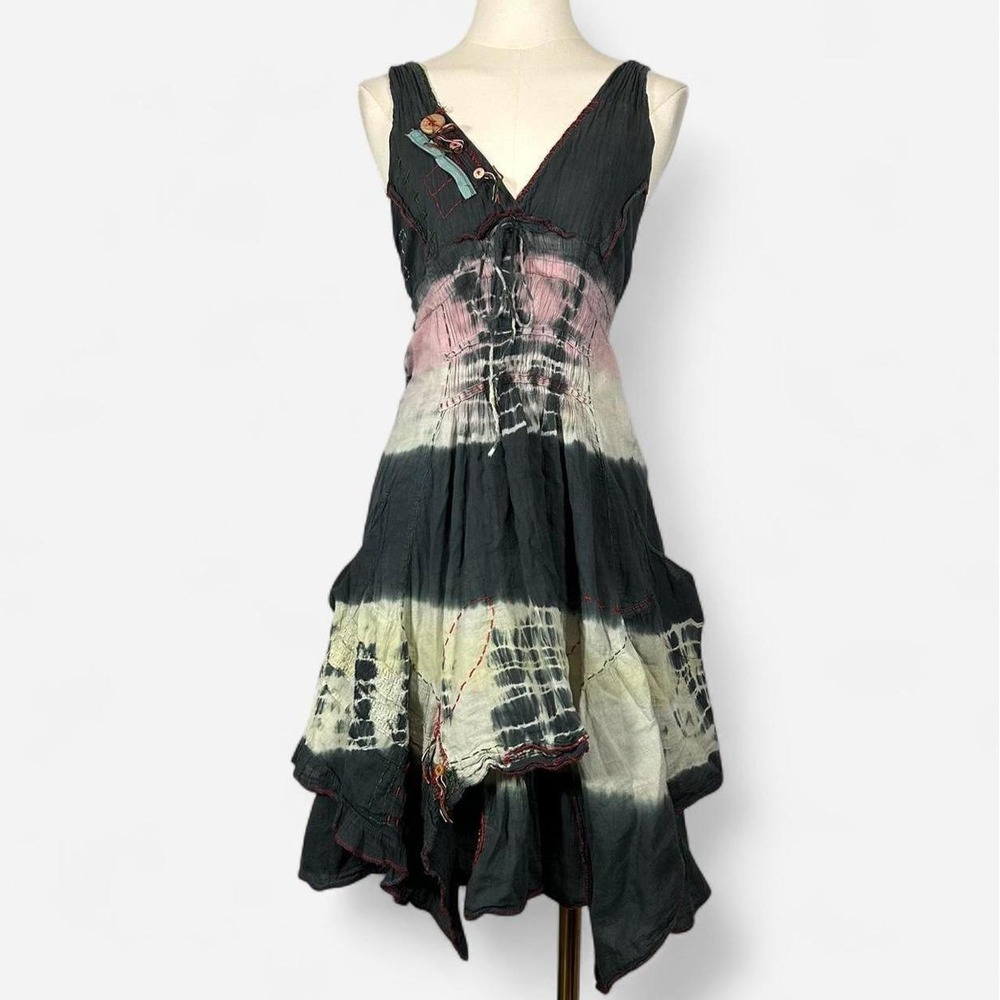 Channa Womens Tie Dye Fairy Boho Pleated Summer Dress Abstract Patchwork Size M